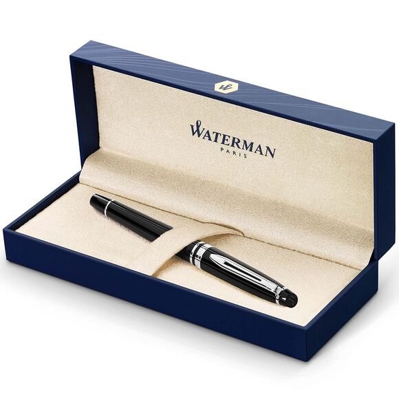 Waterman Expert Rollerball Pen - Gloss Black/Chrome Trim - Fine Point with Black - Picture 1 of 3